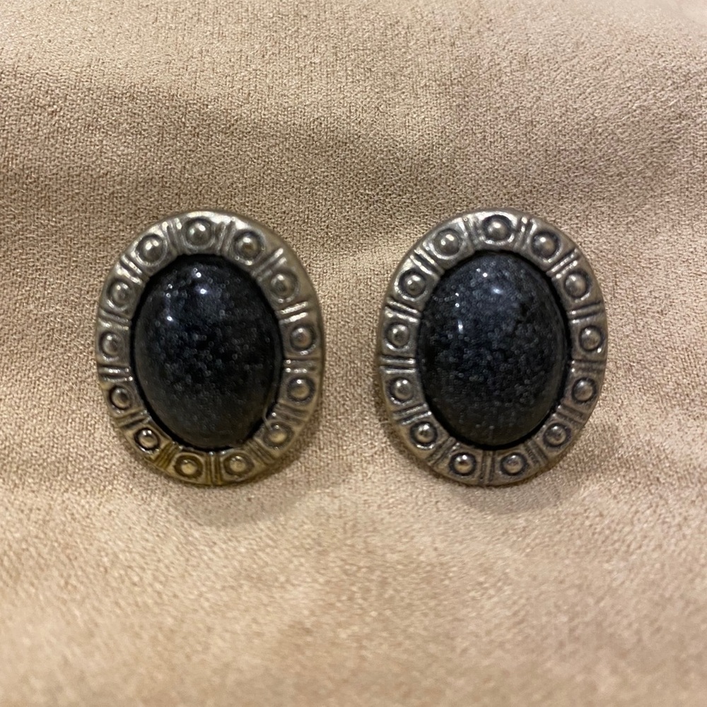Black Speckled and Silver Dome Earrings